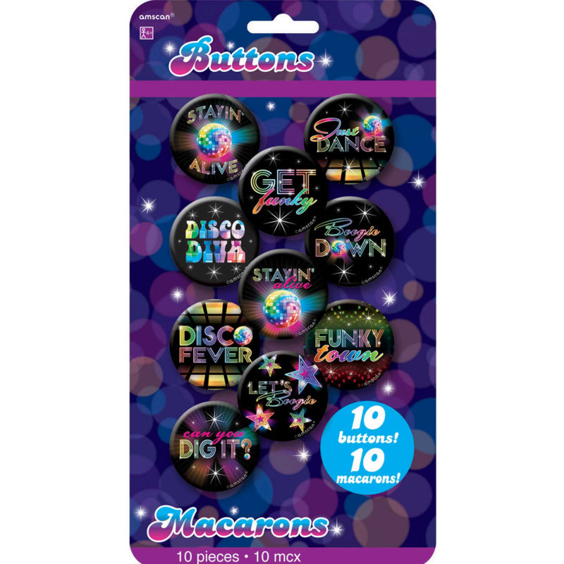 Disco Fever Button Badges 4cm Assorted Designs 10pk - Party Savers