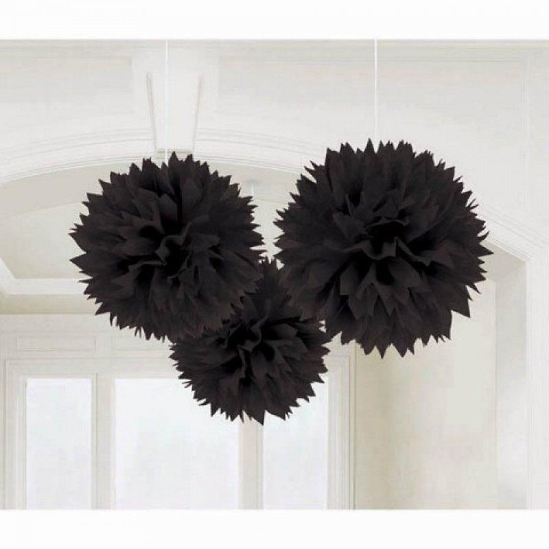 Black Fluffy Tissue Decorations 40cm 3Pk