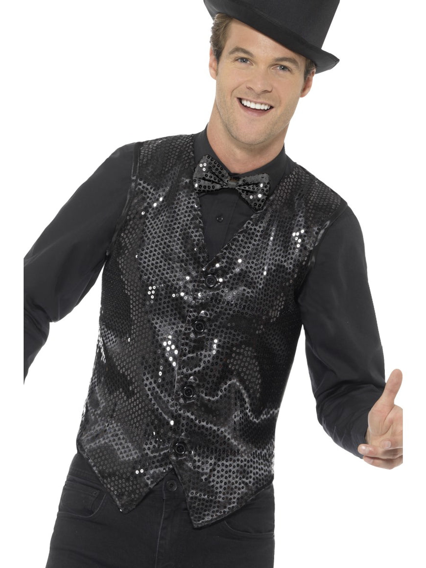 Men's Costume - Black Sequin Waistcoat - Party Savers