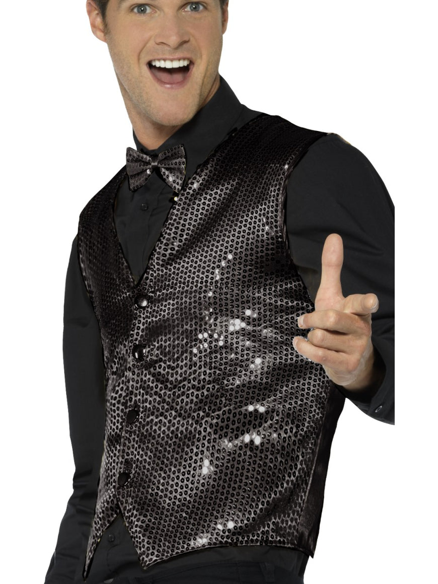 Men's Costume - Black Sequin Waistcoat - Party Savers