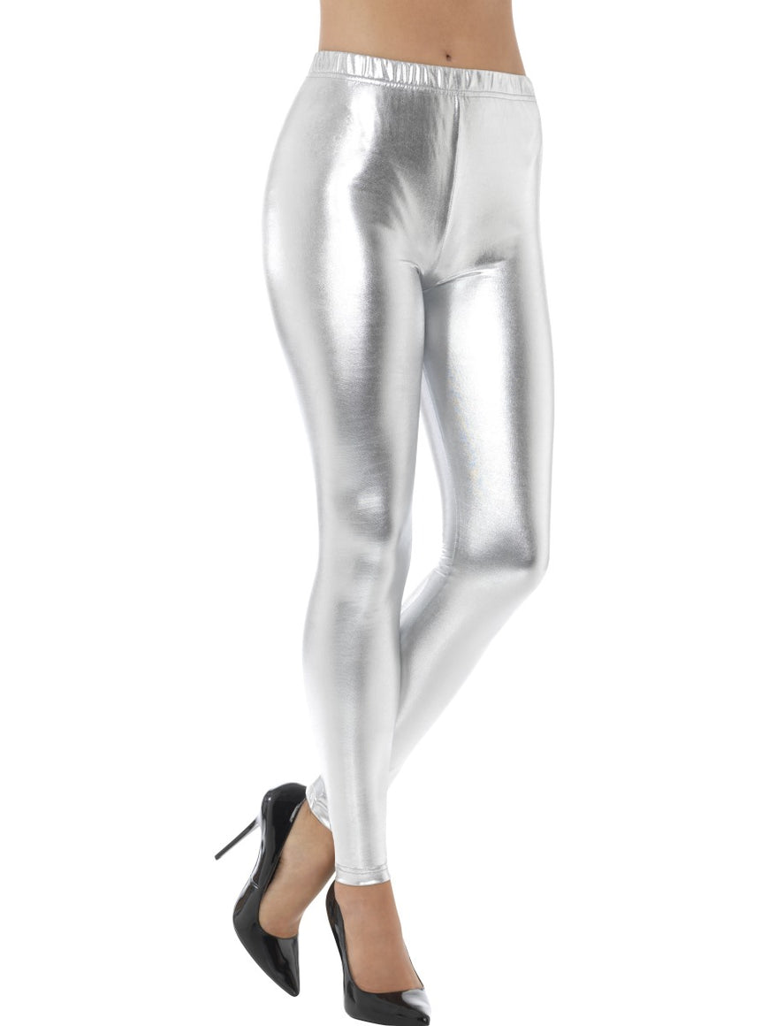 Silver 80s Metallic Disco Leggings - Party Savers