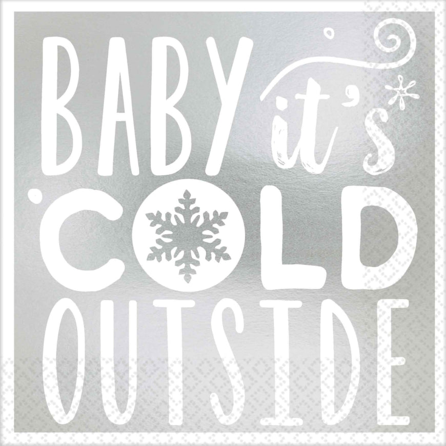 Baby It's Cold Outside Silver Beverage Napkins Foil Hot Stamped 16pk - Party Savers