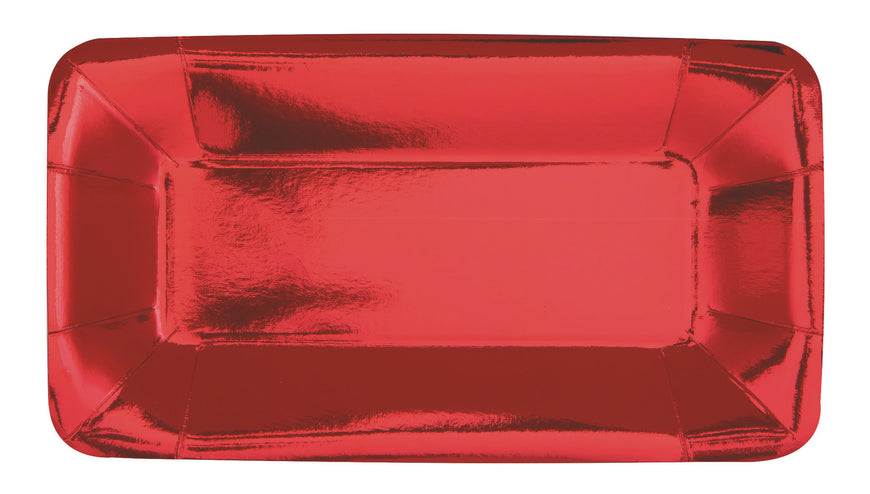 Red Foil Rectangle Appetizer Plates 23cm x 13cm 8pk - Party Savers