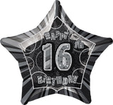 Black Glitz 16th Birthday Star Foil Balloon 50cm - Party Savers