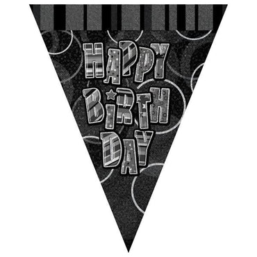 Black Glitz Happy Birthday Flag Banner 3.65m - Party Savers