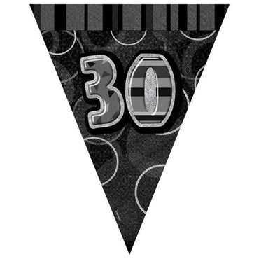 Black Glitz 30th Flag Banner 3.65m - Party Savers