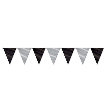 Black and Silver Pennant Banner 11in x 12ft. each - Party Savers