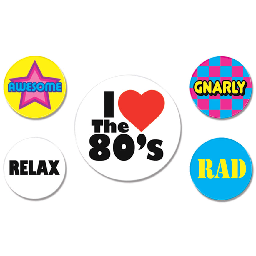 80's Party Buttons 6cm & 3cm 5pk - Party Savers