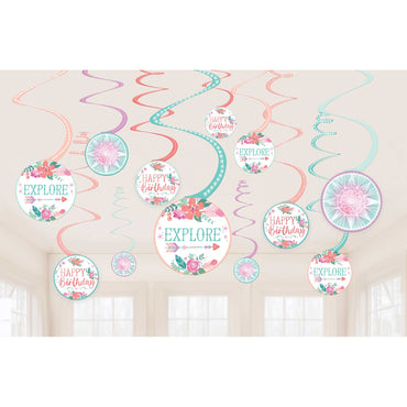 Free Spirit Happy Birthday Spiral Decorations 12pk