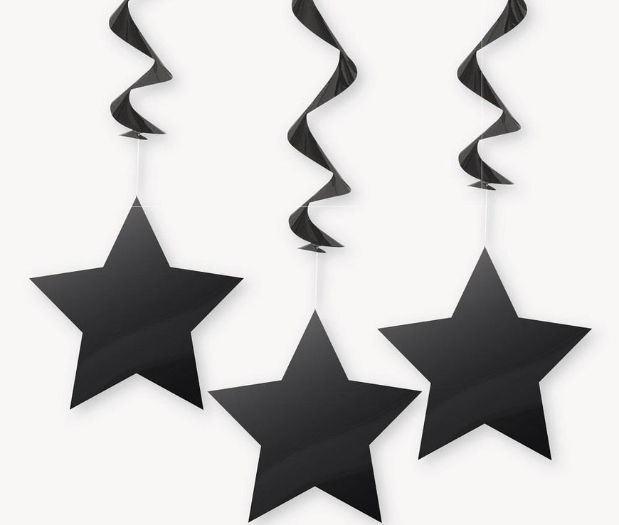 Black Star Hanging Swirl Decorations 90cm 3pk - Party Savers