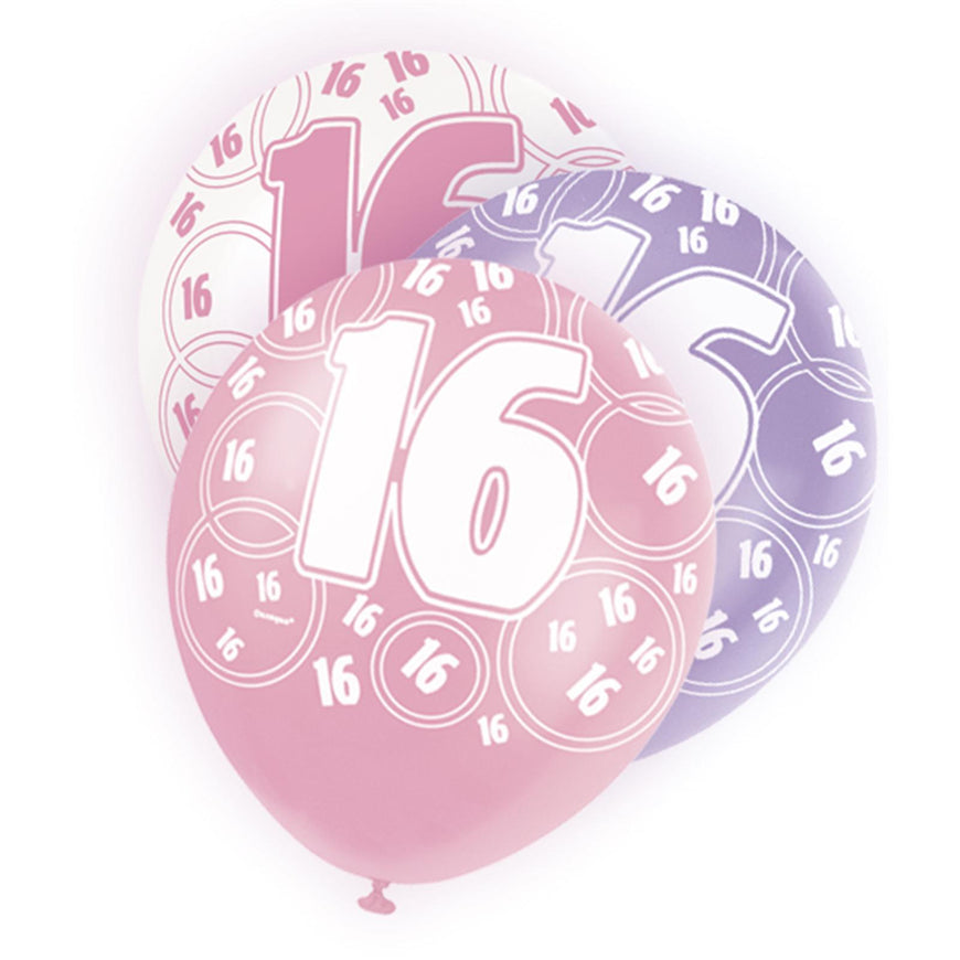 Black Glitz 16th Birthday Latex Balloons 30cm 6pk - Party Savers