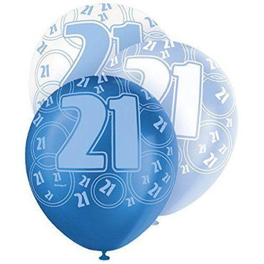 Blue Glitz 21st Birthday Latex Balloons 30cm 6pk - Party Savers