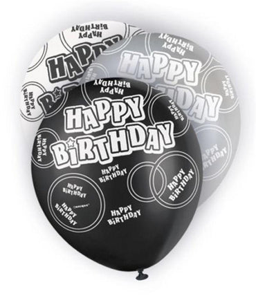 Black Glitz Happy Birthday Latex Balloons 30cm 6pk - Party Savers