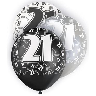 Black Glitz 21st Birthday Latex Balloons 30cm 6pk - Party Savers