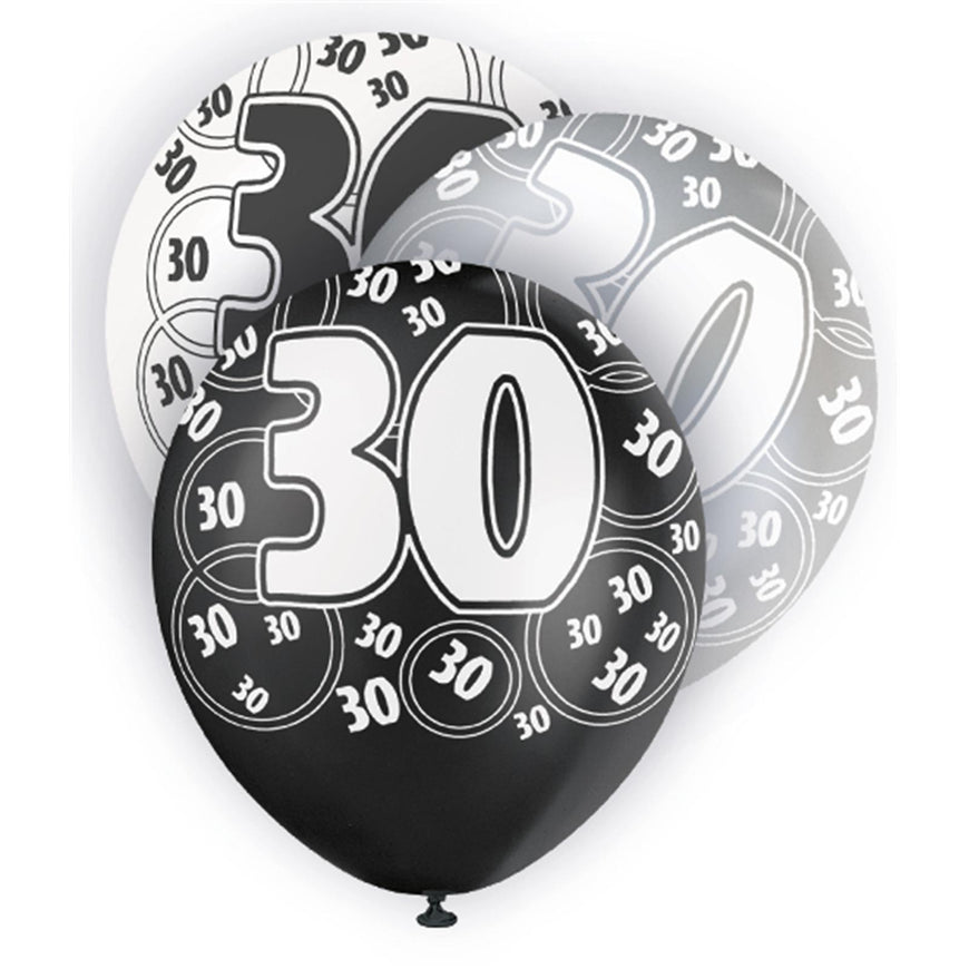 Black Glitz 30th Birthday Latex Balloons 30cm 6pk - Party Savers