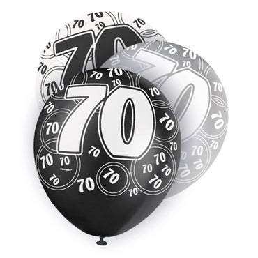 Black Glitz 70th Birthday Latex Balloons 30cm 6pk - Party Savers