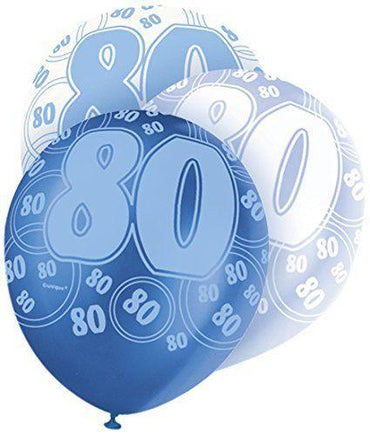 Blue Glitz 80th Birthday Latex Balloons 30cm 6pk - Party Savers