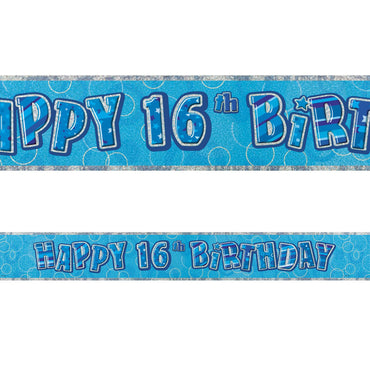 Blue Glitz 16th Birthday Foil Banner 3.6m - Party Savers