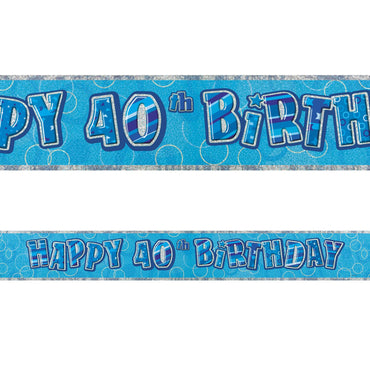 Blue Glitz 40th Birthday Foil Banner 3.6m - Party Savers