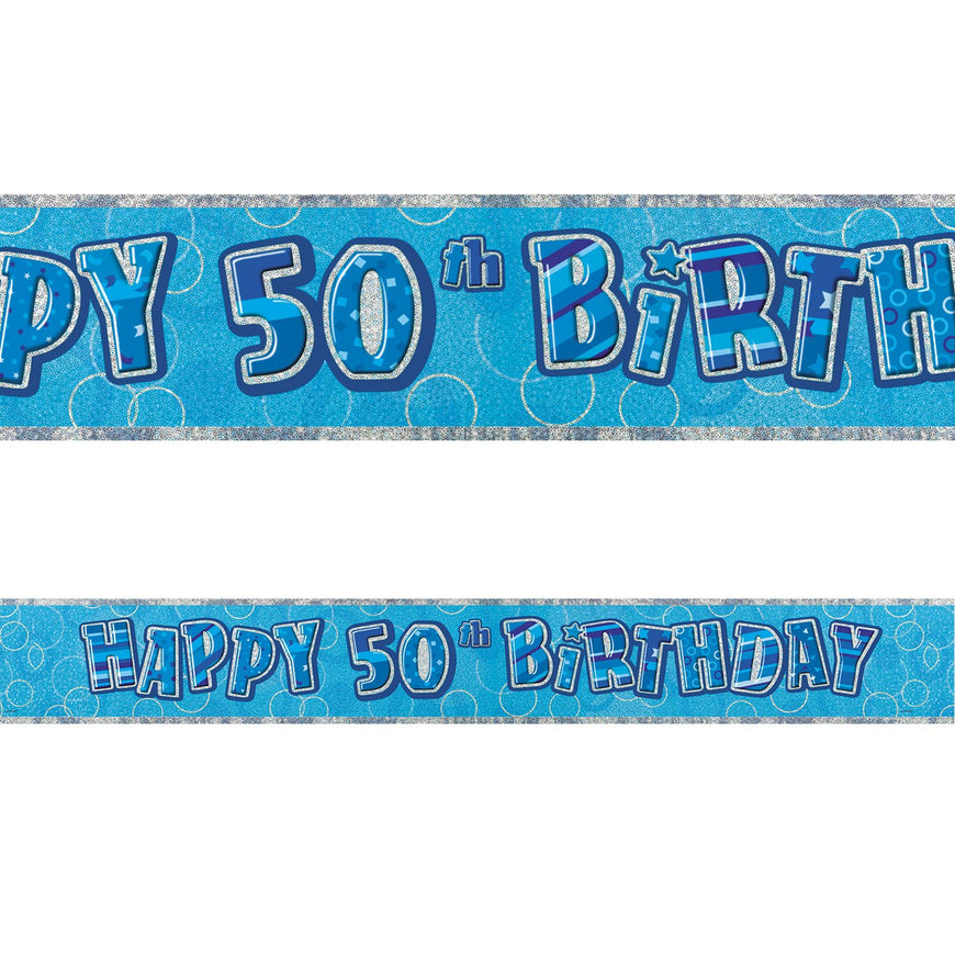 Blue Glitz 50th Birthday Foil Banner 3.6m - Party Savers