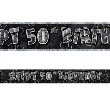 Black Glitz 50th Birthday Foil Banner 3.6m - Party Savers