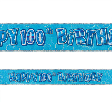 Blue Glitz 100th Birthday Foil Banner 3.6m - Party Savers