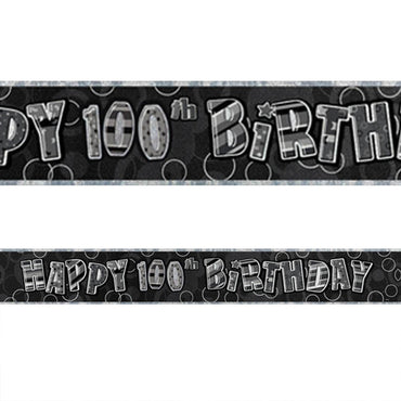 Black Glitz 100th Birthday Foil Banner 3.6m - Party Savers