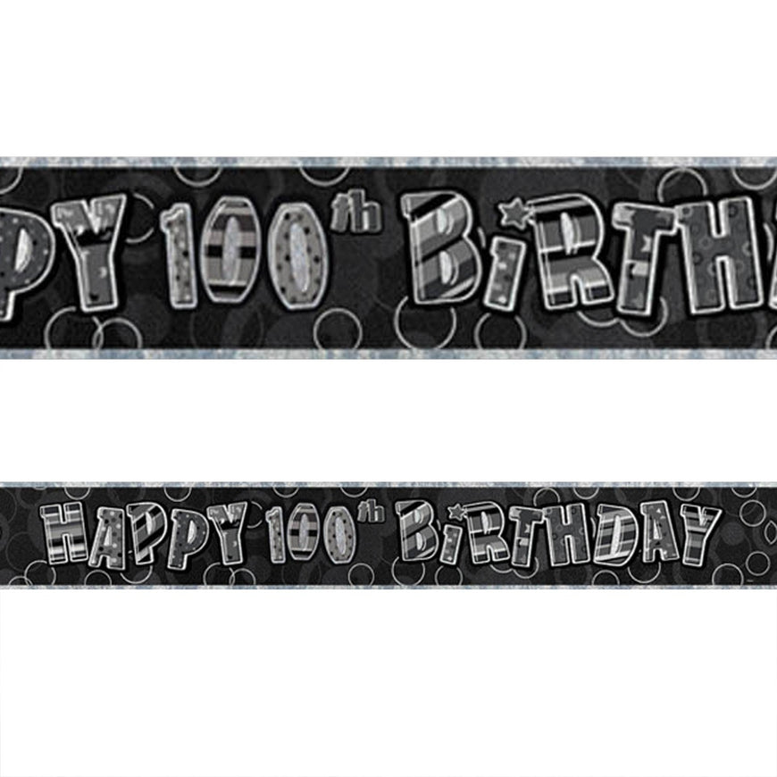 Black Glitz 100th Birthday Foil Banner 3.6m - Party Savers