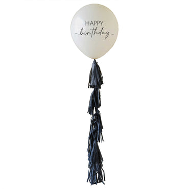 Champagne Noir Happy Birthday Balloon with Black Tassel Tail 61cm Each