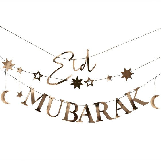 Eid Mubarak with Moons and Stars Gold Bunting 1.5m Each