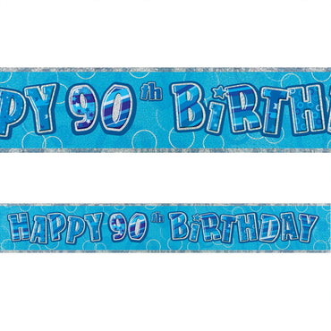 Blue Glitz 90th Birthday Foil Banner 3.6m - Party Savers