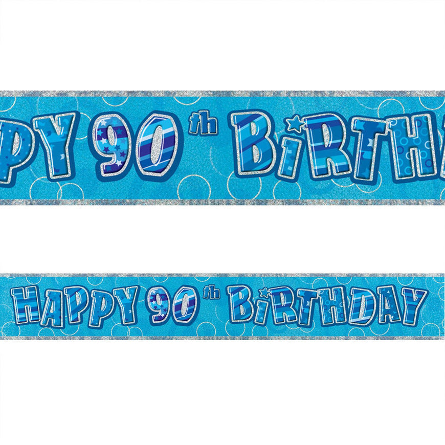 Blue Glitz 90th Birthday Foil Banner 3.6m - Party Savers